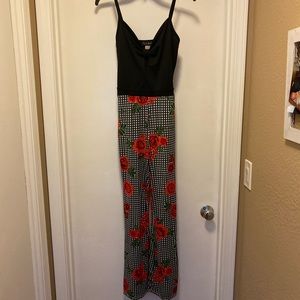 Checkered Floral Print Wide Leg Jumpsuit